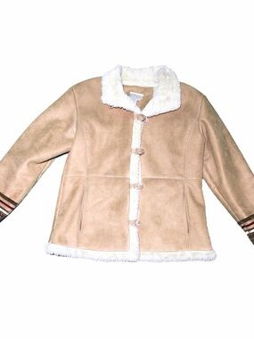 Coldwater Creek Vintage Y2K Boho Faux Suede Shearling Trim Jacket in Tan